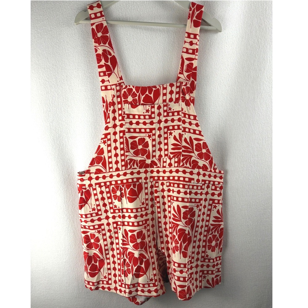 Cider Happy Hour Red Floral Geometric Print Short Overalls Romper Womens 0XL NWT